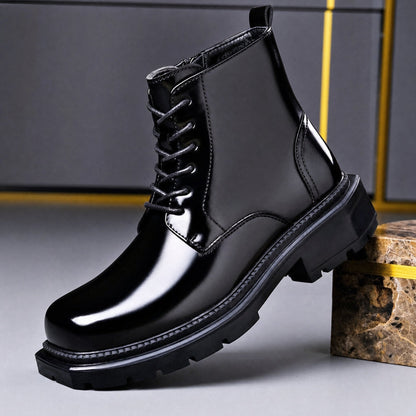Black men's lace up boot with high-shine finish and lug sole