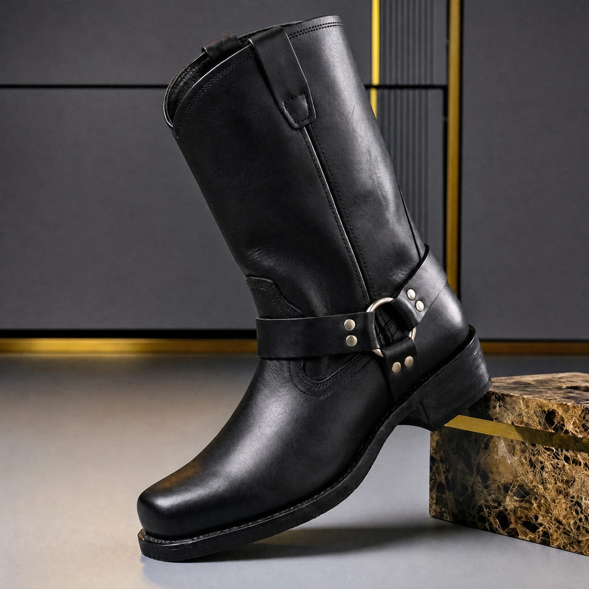 Black men's harness boot with mid-calf shaft, side view