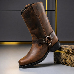 Cognac Brown men's harness boot with ring strap, side view