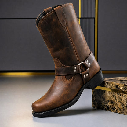 Cognac Brown men's harness boot with ring strap, side view