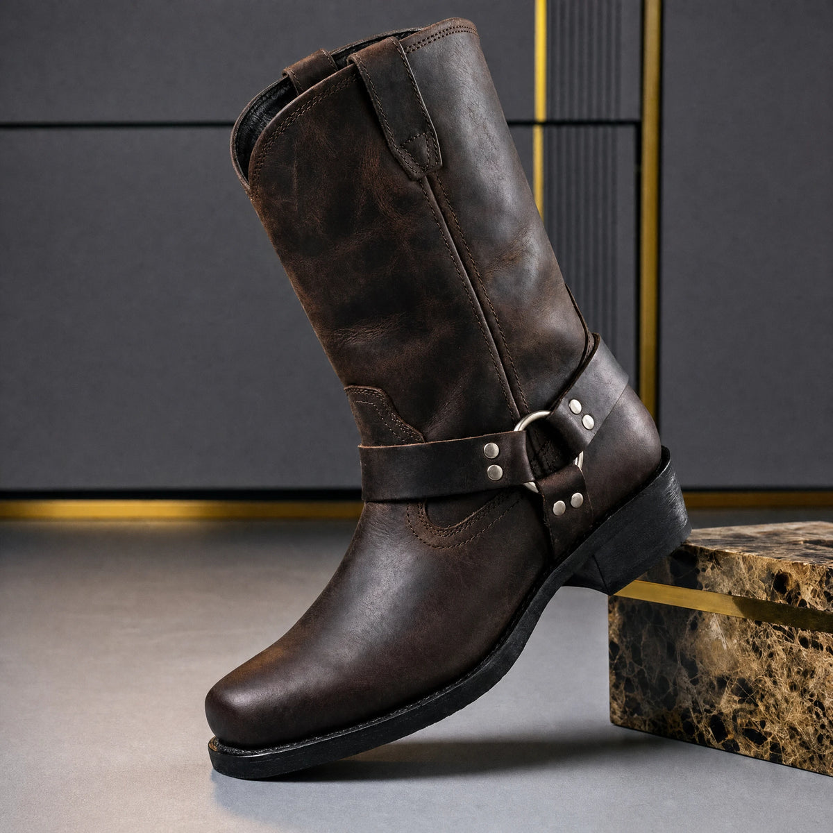 Dark Brown men's harness boot with square toe, side view