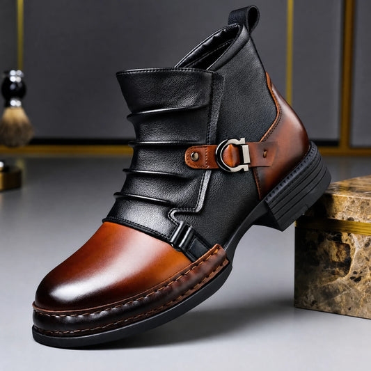 Black & Cognac two tone men's buckle ankle boot, side view