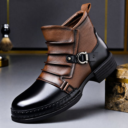 Brown & Black two tone men's buckle ankle boot, side view
