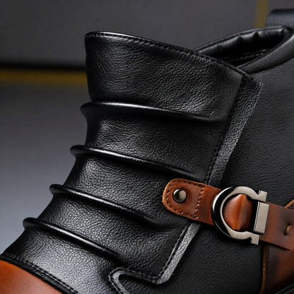 Pleated shaft and buckle strap detail on black two tone ankle boot