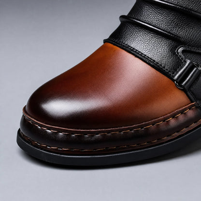 Cognac contrast toe and stitched sole close-up on men's ankle boot