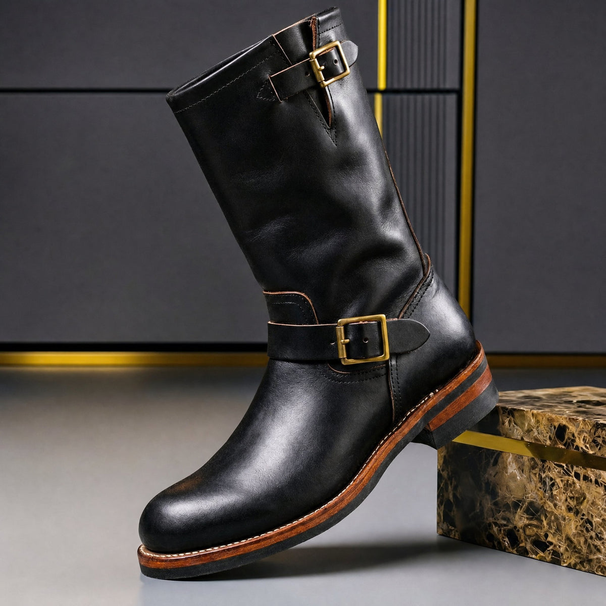 Black men's engineer boot with brass buckle straps, side view