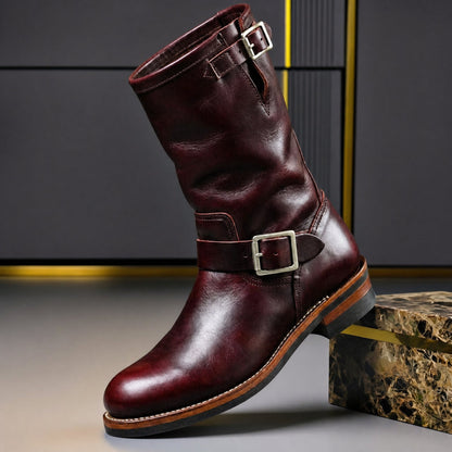 Burgundy men's engineer boot with mid-calf shaft, side view