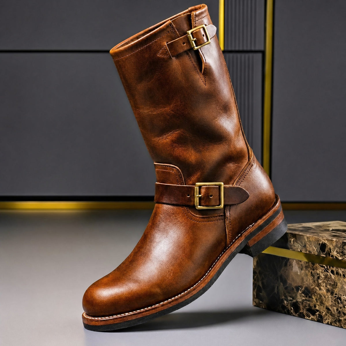 Cognac Brown men's engineer boot with 2 buckle straps, side view