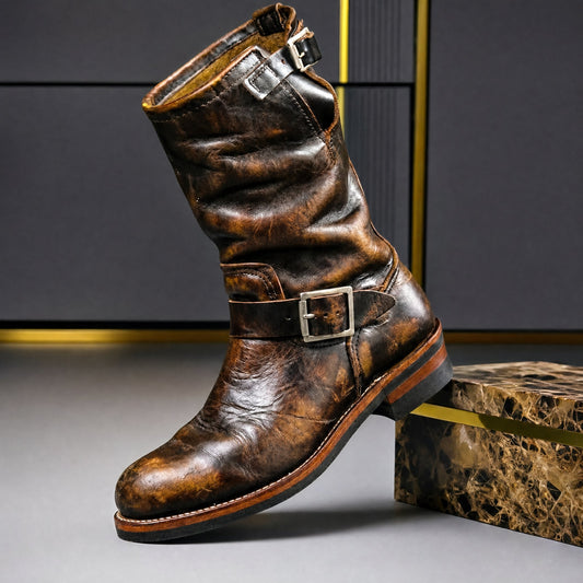 Vintage Brown distressed men's engineer boot with buckle straps