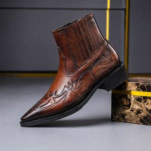 Cognac Brown men's Western Chelsea boot with pointed toe, side view