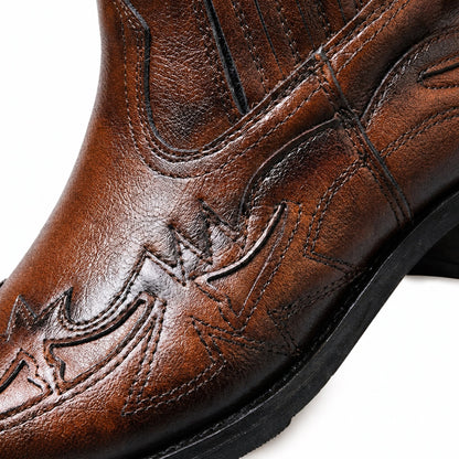 Tooled Western stitching detail on cognac brown Chelsea boot