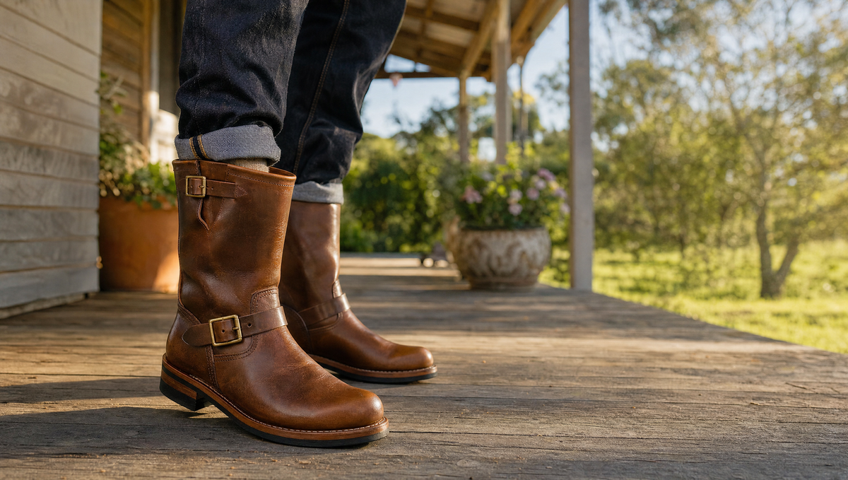 Cognac brown men's engineer boots with buckle straps on a timber veranda in spring