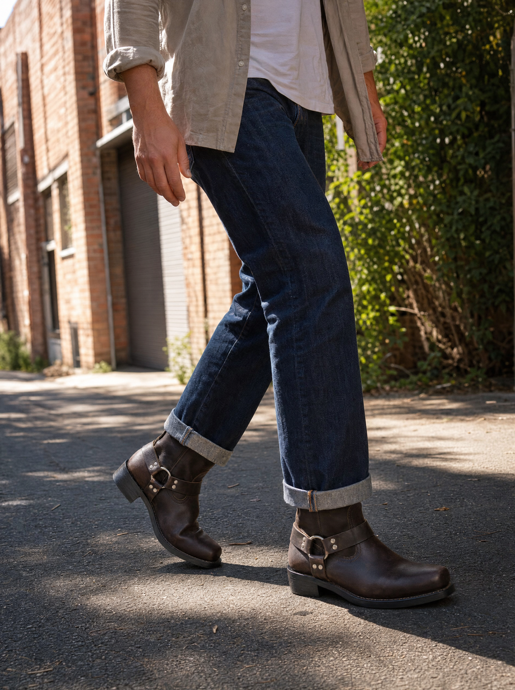 Dark brown men's harness boots with ring strap worn with cuffed jeans in a city laneway