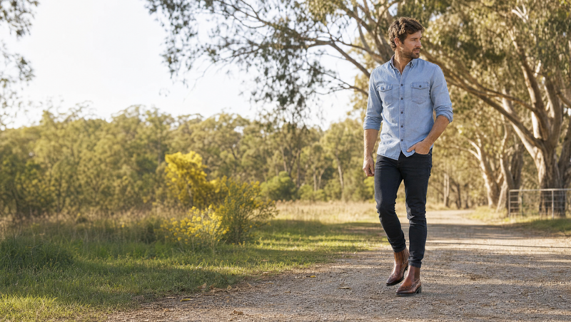 Man walking a eucalyptus-lined country path in spring wearing cognac brown Western Chelsea boots